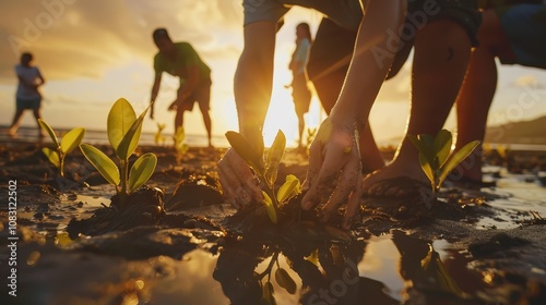 Community members participate in a coastal restoration project by planting mangroves at sunset, highlighting teamwork and environmental conservation efforts. photo