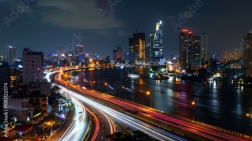 Nighttime Cityscape Overlooking River with Colorful Light Trails from Cars and Skyscrapers Illuminated by Urban Glow in a Vibrant Metropolis