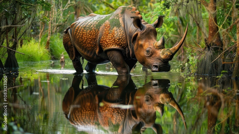 Fototapeta premium A Majestic Rhinoceros Stands in a Lush Wetland Environment Surrounded by Tropical Vegetation and Reflected in Calm Water Under Soft Natural Light