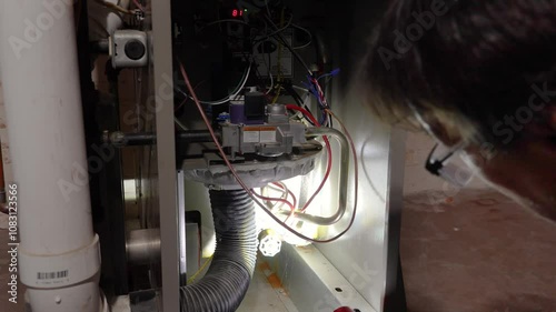 An over the shoulder view of an HVAC repair man inspecting the inner workings of a household basement hot water furnace with a flashlight, preparing for winter heating needs.  	
