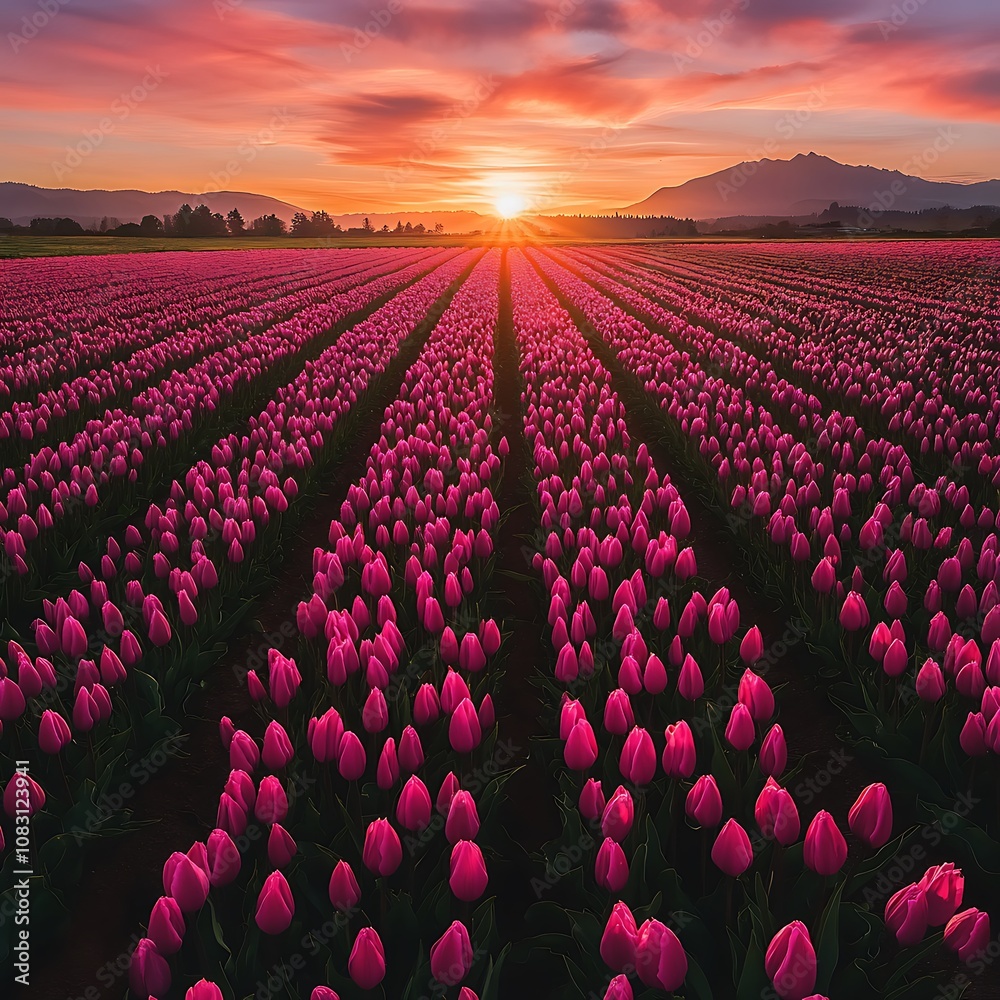 Fototapeta premium A sunset bathes rows of tulips in vibrant pink hues.