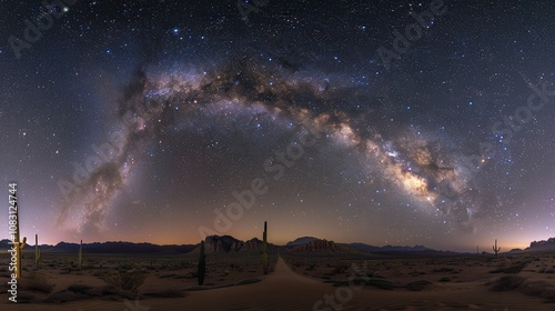 Stunning Panoramic View of the Milky Way Galaxy Over Desert Landscape with Cacti, Illuminated Night Sky, and Captivating Stars in the Background