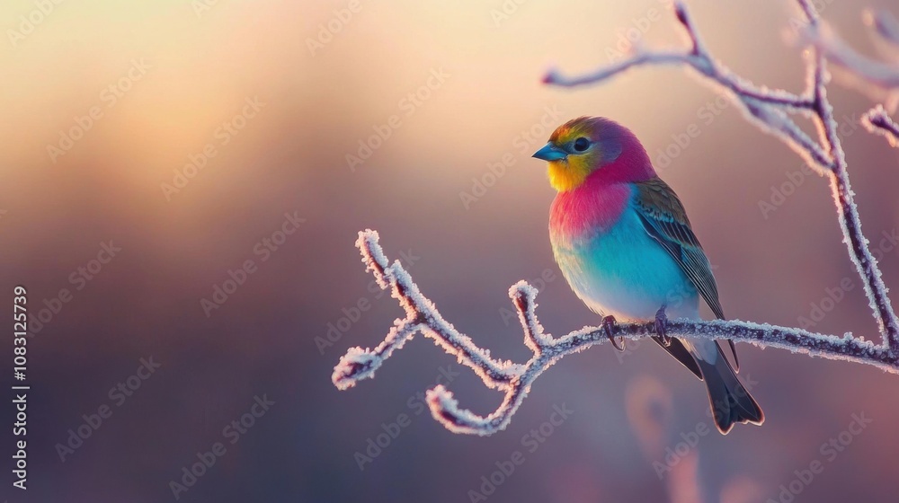 Obraz premium Colorful bird perched on a frosty branch at dawn