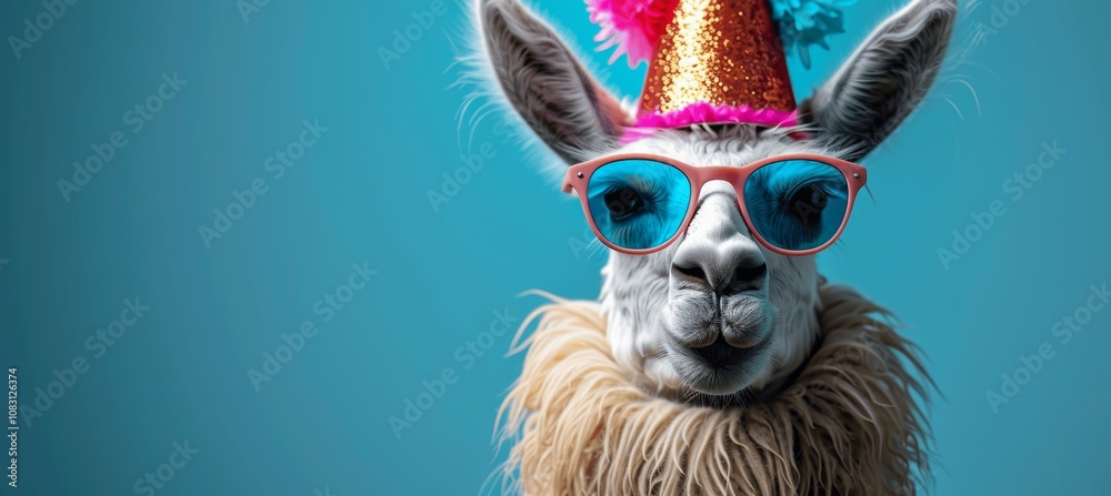 Fototapeta premium Funny Alpaca with Party Hat and Sunglasses on Blue Background