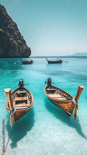 Traditional Thai longtail boat floating in the crystal-clear Maya Bay.