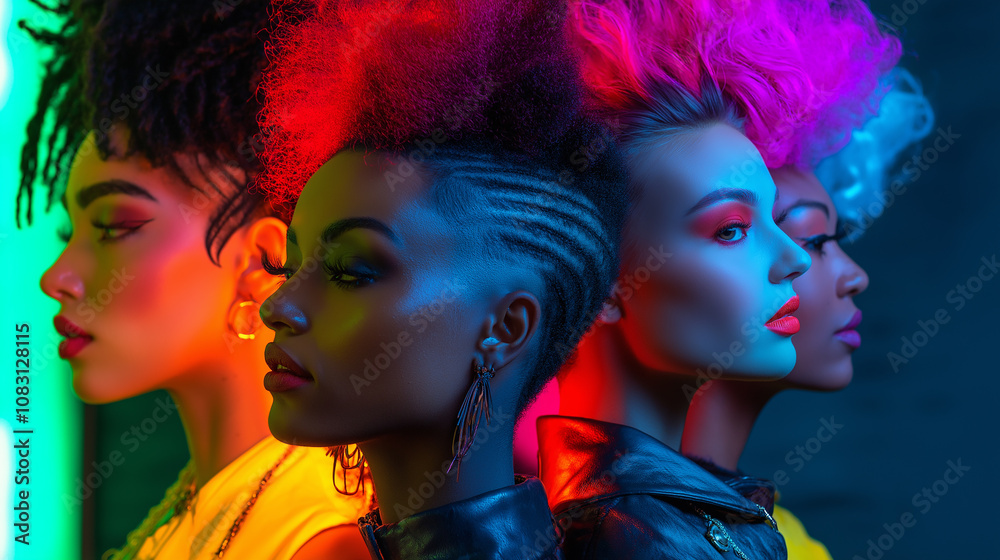 Fototapeta premium Diverse women posing with unique hairdos mohawk, braids, pixie cut, colorful lighting