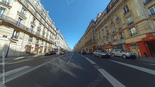 A wide street view in a city, showcasing buildings and parked cars under a clear sky.