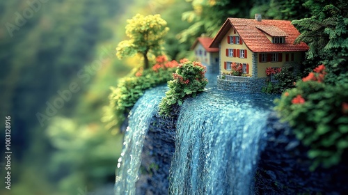 A whimsical miniature house perched on a waterfall surrounded by lush greenery.