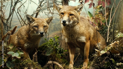 Two taxidermied foxes amidst a meticulously crafted woodland diorama. photo