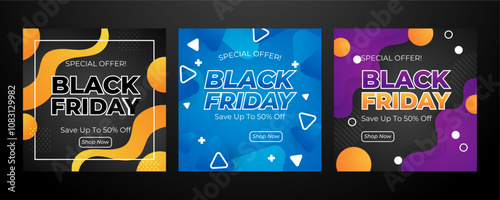 Modern Black Friday Promotional Banners With Bold Colors. Set of Three Black Friday Banners Featuring Vibrant Designs and Bold Text to Emphasize Special Offers