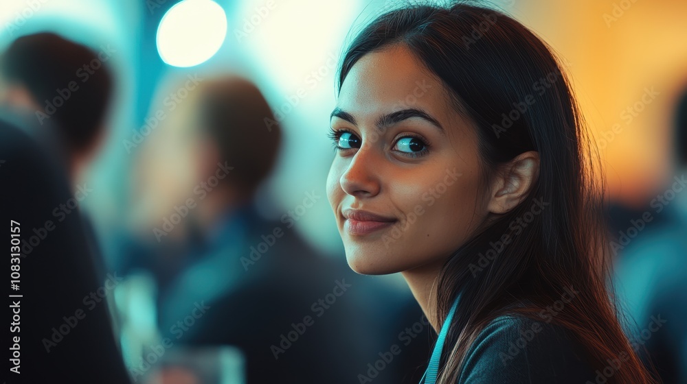 Obraz premium Young woman with long dark hair smiling warmly while seated in a lively social setting, captured in a moment of joy and connection at an event with blurred background.