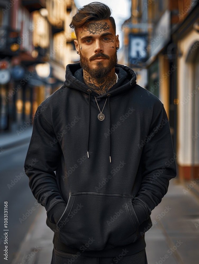 Obraz premium Urban portrait of bearded man with tattoos wearing black hoodie in street style