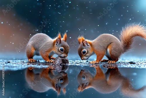 Playful Red Squirrel Babies in Winter Wonderland photo