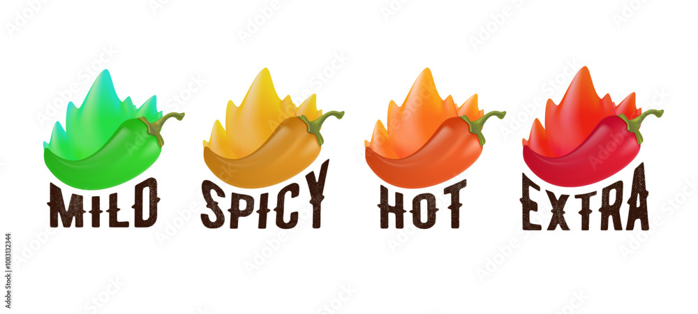 Obraz premium Hot spicy level labels of vector jalapeno, chili, cayenne peppers with fire flames. Spicy food or sauce taste scale