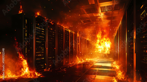 Server room engulfed in flames during a catastrophic fire. Inferno. Illustration photo