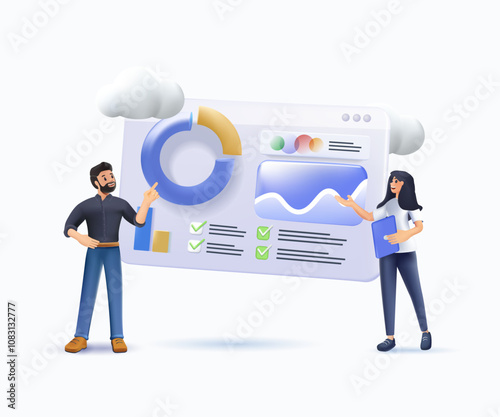 Vector illustration of business, office workers are studying the infographic, the analysis of the evolutionary scale. 3D illustration cartoon style vector