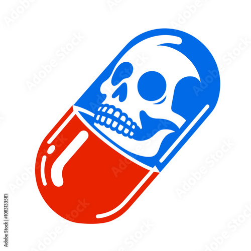 skull in a pill capsule, blue and red illustration