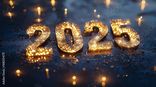 Golden glittering 2025 sign welcoming the new year with sparkling lights