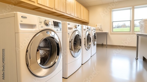 Wallpaper Mural Brightly lit hostel laundry area, front-loading washers, easy-to-read instructions, clean environment designed for guest convenience, calm atmosphere Torontodigital.ca