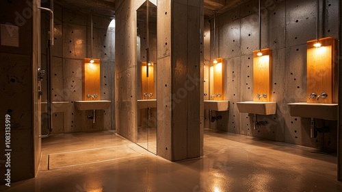 Chic hostel bathroom with separate shower and sink areas, featuring durable cement walls, soft ambient lighting, and labeled cubbies for personal items photo