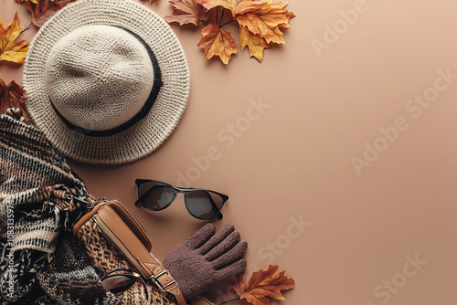 Autumn Fashion Accessories: A Cozy Ensemble of Hat, Bag, Sunglasses, and Gloves photo