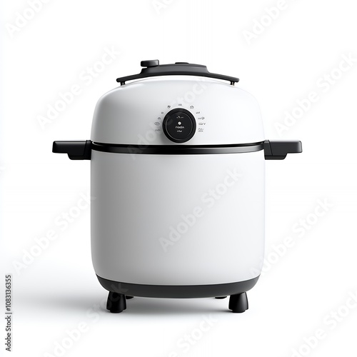 White electric pressure cooker with black accents and a knob on the front. photo