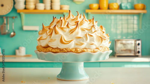 National Pie Day. A beautifully crafted lemon meringue pie with golden peaks, displayed on a pastel blue cake stand in a bright, cheerful kitchen setting.