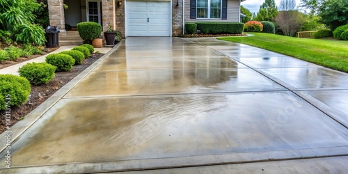 A wet concrete driveway with a slight slope and a reflecting surface, bordered by a lush green lawn and mature shrubbery.