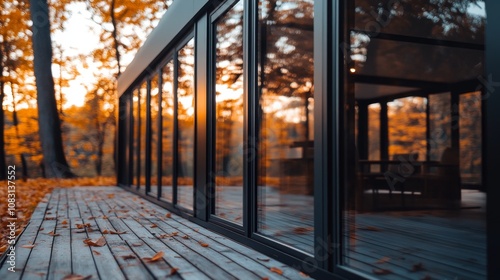 The detailed glass panels of a greenhouse, with hints of golden leaves in the background, evoking the essence of fall. photo