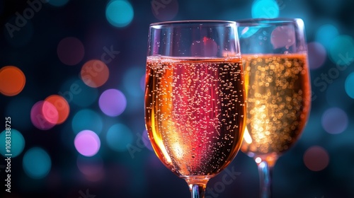 Festive New Year's Eve Celebration with Sparkling Champage in Elegant Flutes and Colorful Bokeh Background