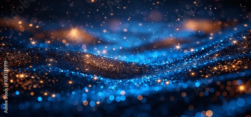 Gold Stars and Particles on Navy Blue Background for New Year 2024 with Sparkling Glitter and Bokeh Lights