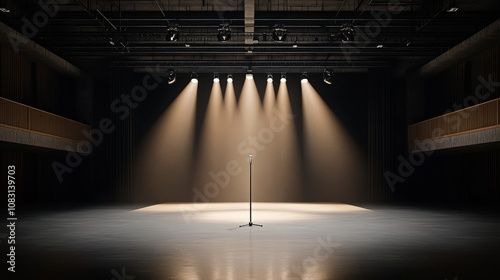 A sleek microphone on a stage, set against vibrant bokeh lights, symbolizing music, performance, or speeches. photo