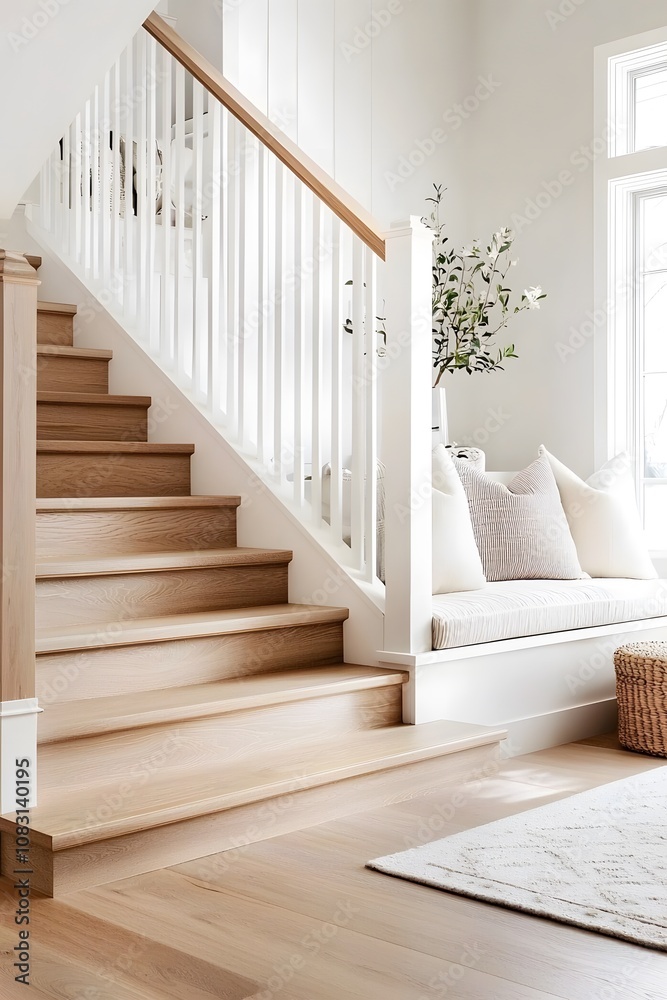 Fototapeta premium Minimalist straight staircase with natural wood steps and white side panels,