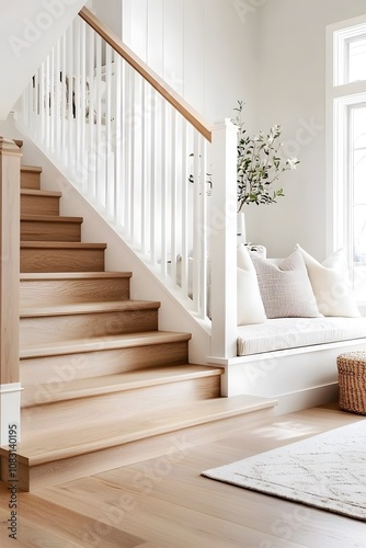 Minimalist straight staircase with natural wood steps and white side panels, photo