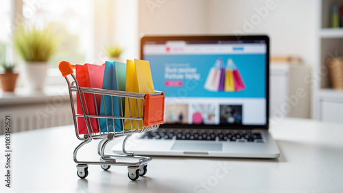 Toy shopping cart with shopping bags and laptop in minimalist setting photo