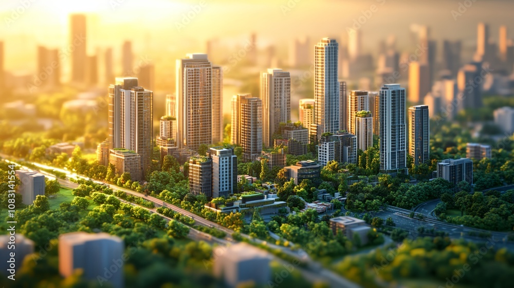 Fototapeta premium A cityscape with tall buildings and a green park