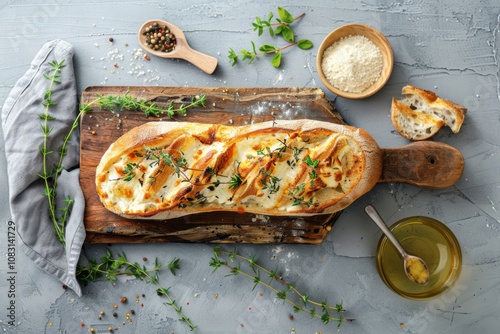 Oven baked camembert cheese with lye bagguete bread