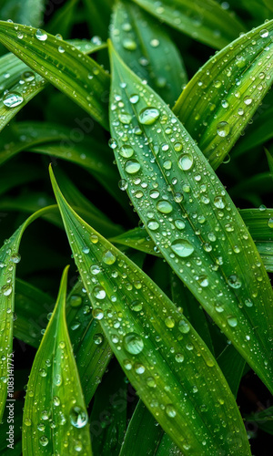 Close-up of dew-covered leaves in bright green shades photo