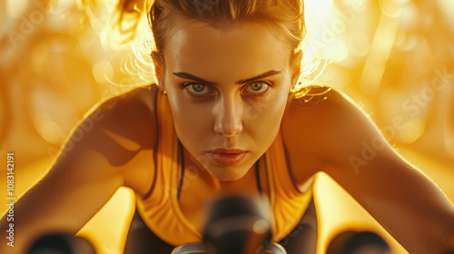 Energetic woman enjoying an indoor cycling class, radiating joy and strength in a dynamic fitness environment. photo