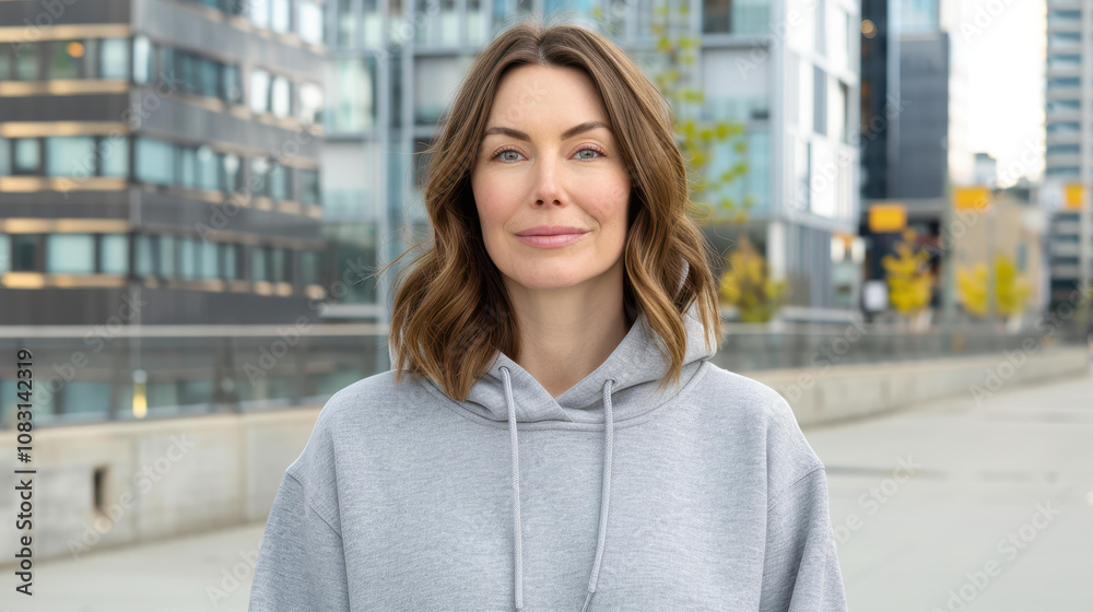 Fototapeta premium A middleaged woman with brown hair models a gray hoodie in an urban setting, perfect for showcasing your designs.