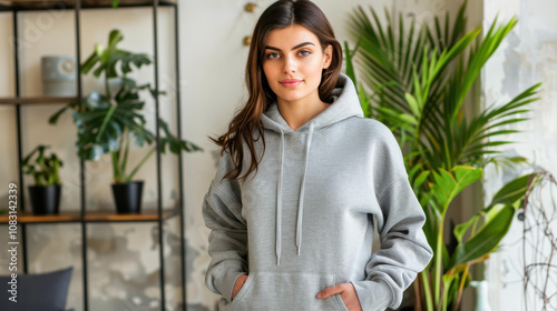 Show off your creativity with this basic hoodie mockup in a stylish office. Perfect for showcasing your logo or design. photo