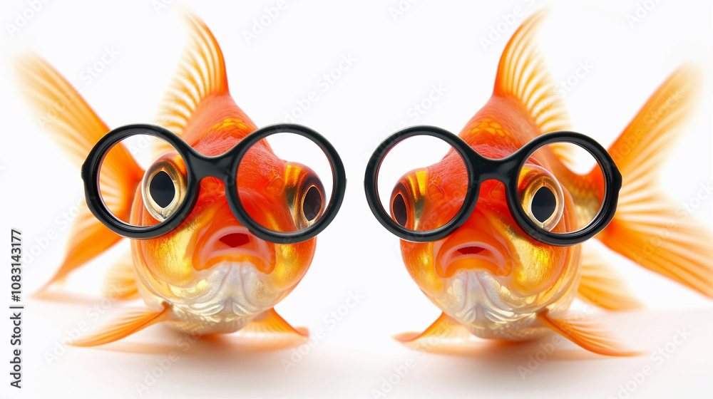 Fototapeta premium Funny photo two goldfish with glasses