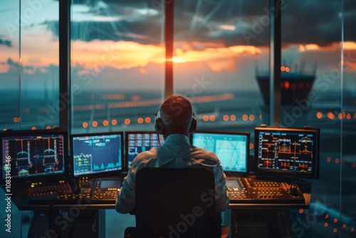 Rear view of a air traffic controller in control tower