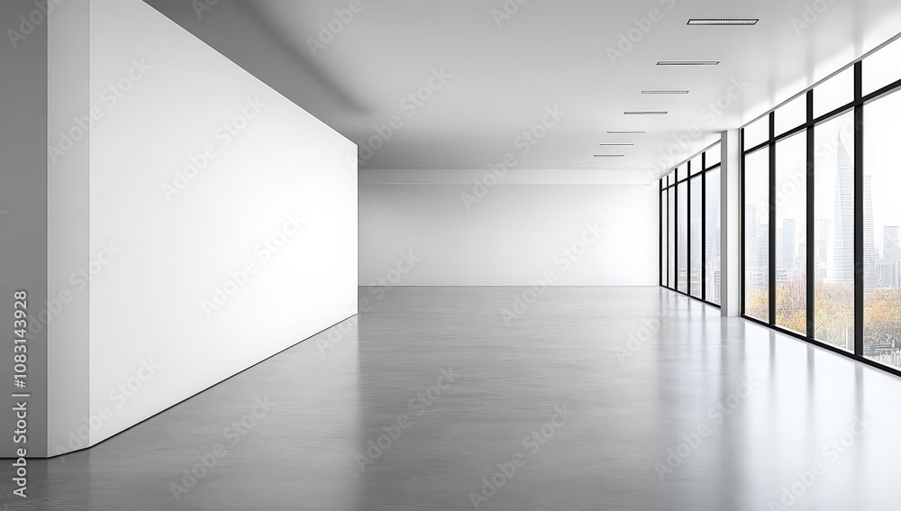 Fototapeta premium Minimalist Modern Office Interior with Blank Wall and Long Hallway in Bright Sunlit Space