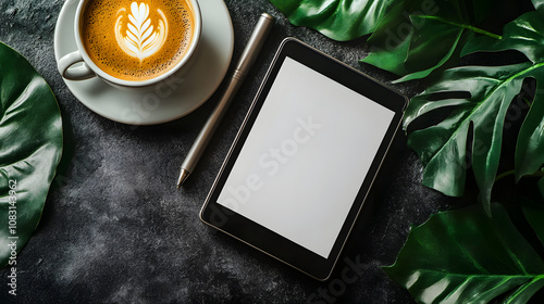 Minimalist Layout with Ebook Reader and Coffee Cup photo