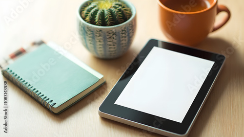 Blank Screen Ebook Reader on a Cozy Workspace Surface photo