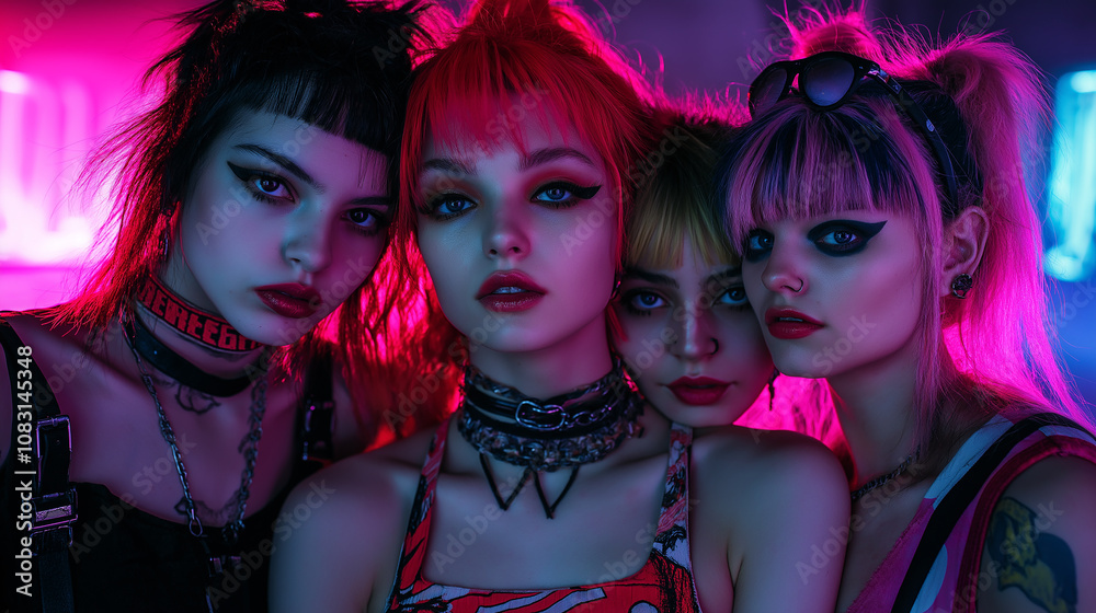 Obraz premium Group shot of women with punk-inspired cuts, neon lighting