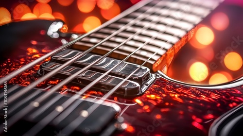 Detailed shot of electric guitar strings under intense red and purple lights, glossy finish shining, creating a bold, high-energy scene