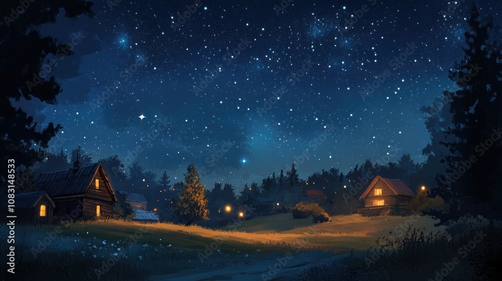 Fototapeta premium Serene Night Sky Over Rustic Cabins in a Forest Clearing with Sparkling Stars and Dimly Lit Windows Illuminating a Tranquil Countryside Scene