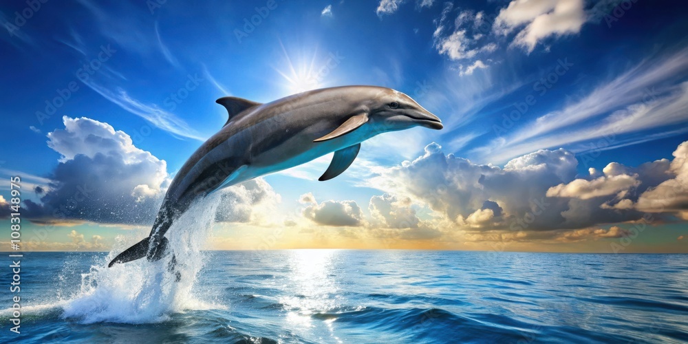 Obraz premium A majestic dolphin leaps from the turquoise water towards the sun-drenched sky, leaving a trail of glistening droplets in its wake